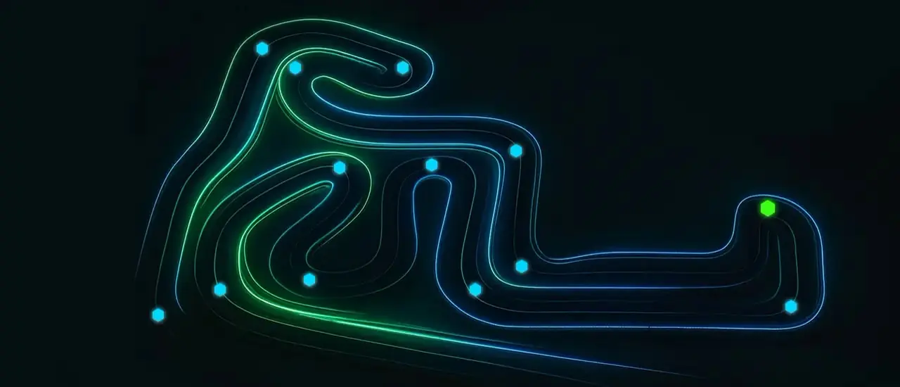 Neon map of the 410 m Motorcity track layout